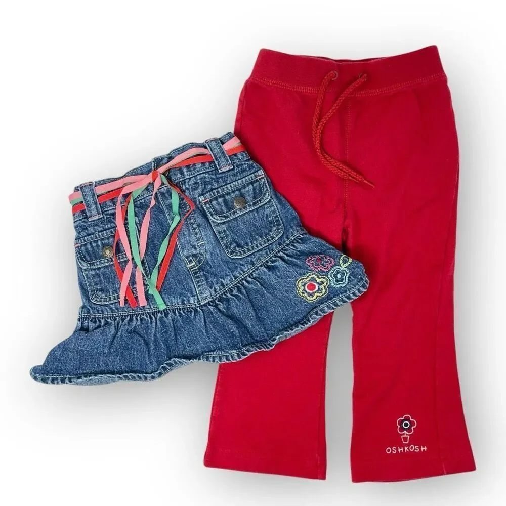 Vintage Y2K Osh Kosh B’Gosh Red Flare Pants & Ruffle Denim Skirt Girls Size 2T